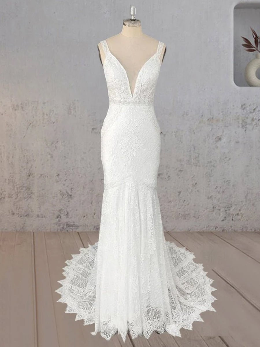 Mermaid White V Neck Illusion Wedding Dress - KissProm
