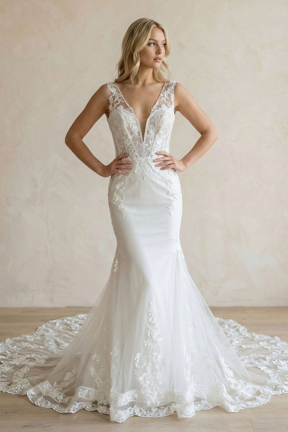 KissProm Mermaid V-Neck Long Sleeves Wedding Dress With Appliques, Diamond White / Custom Size