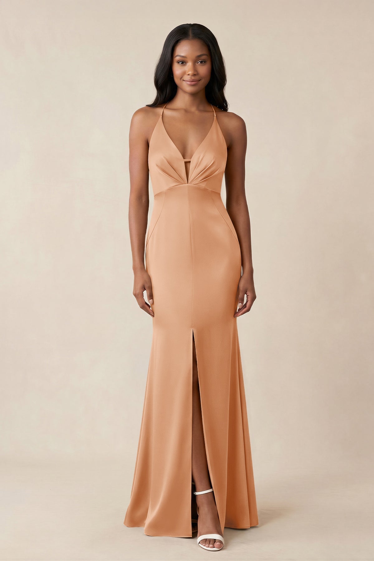 KissProm | Mermaid V-Neck Satin Bridesmaid Dress With Slit in Champagne KissProm | Mermaid V-Neck Satin Bridesmaid Dress With Slit in Champagne