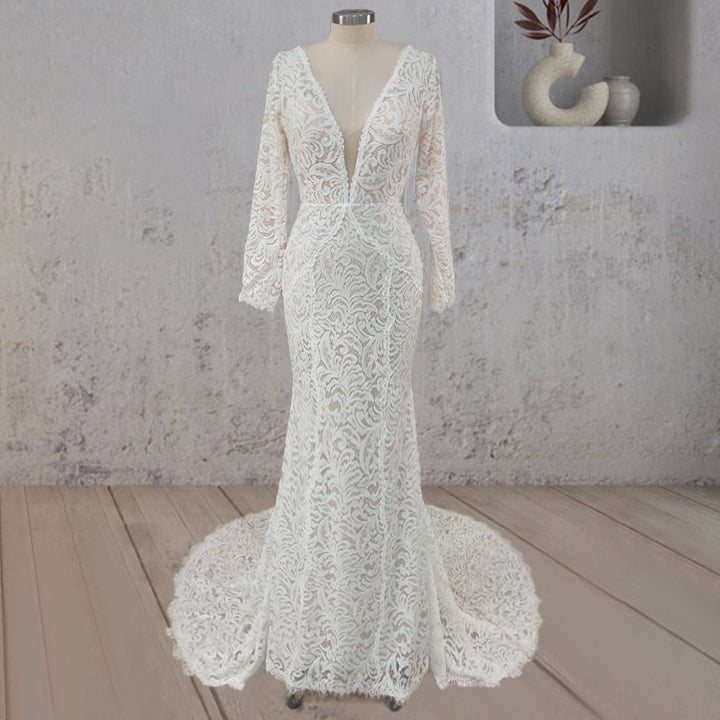 Mermaid Whisper Lace Embroidery Bridal Gown Wedding Dress White-Nude / 20 Mermaid Whisper Lace Embroidery Bridal Gown Wedding Dress White-Nude / 20