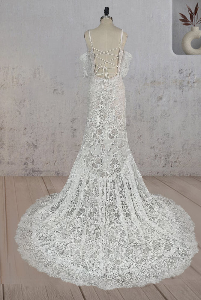 Mermaid White Halter Neck Lace Wedding Dress - KissProm