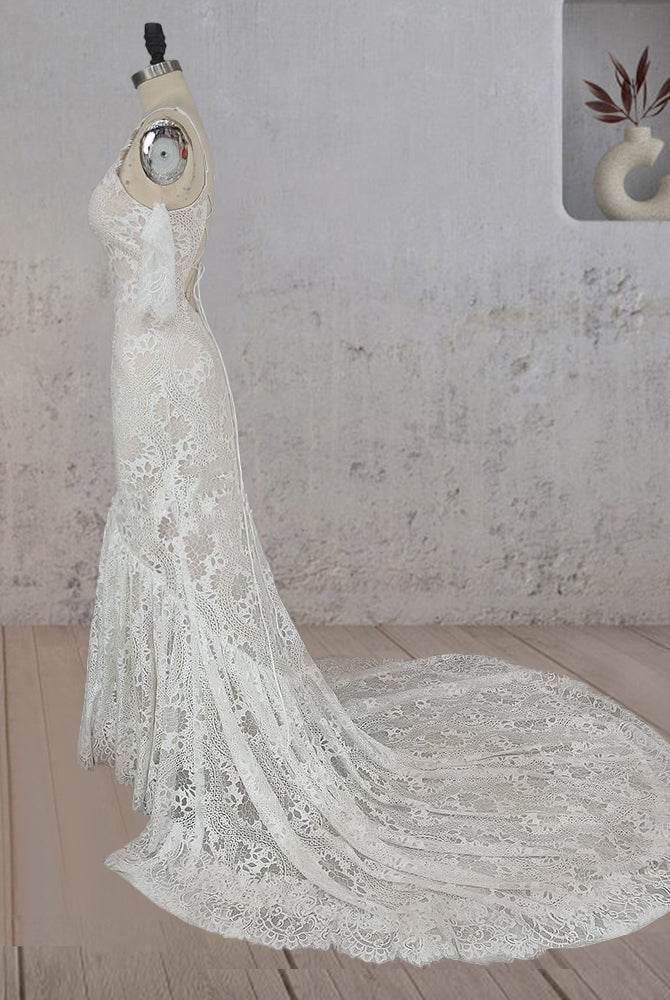 Mermaid White Halter Neck Lace Wedding Dress - KissProm