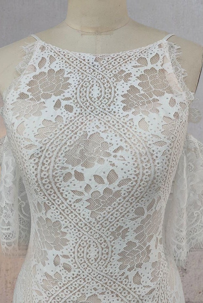 Mermaid White Halter Neck Lace Wedding Dress - KissProm