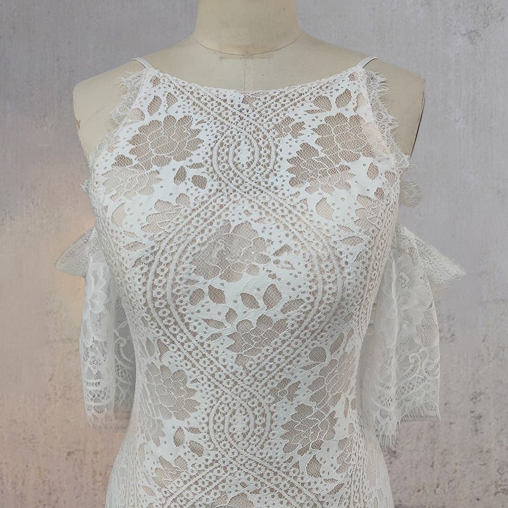 Mermaid White Halter Neck Lace Wedding Dress - KissProm