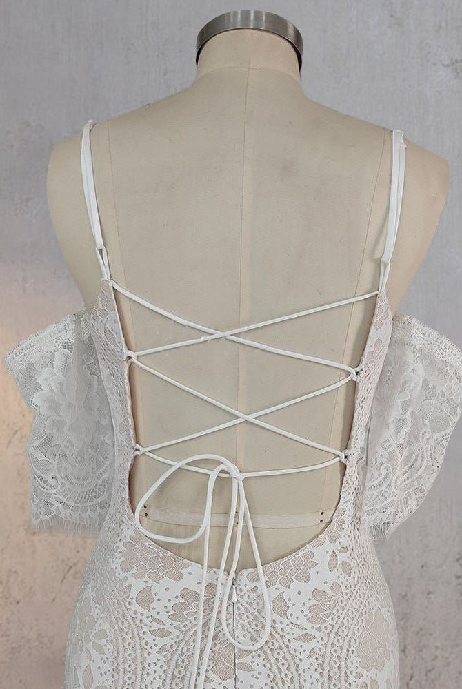 Mermaid White Halter Neck Lace Wedding Dress - KissProm