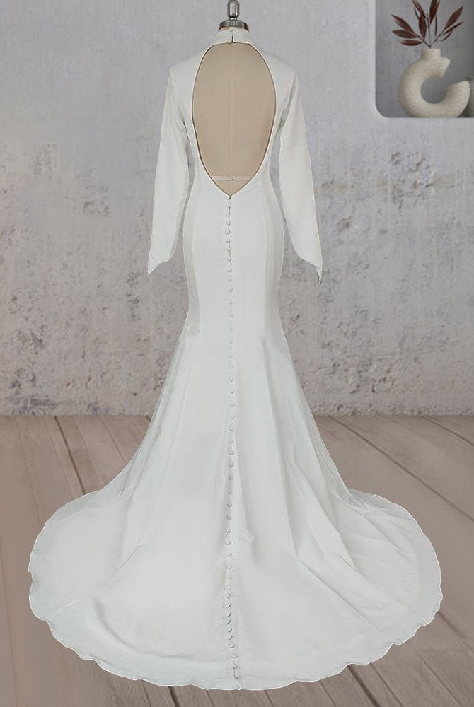 Mermaid White Open Back High Neck Wedding Dress