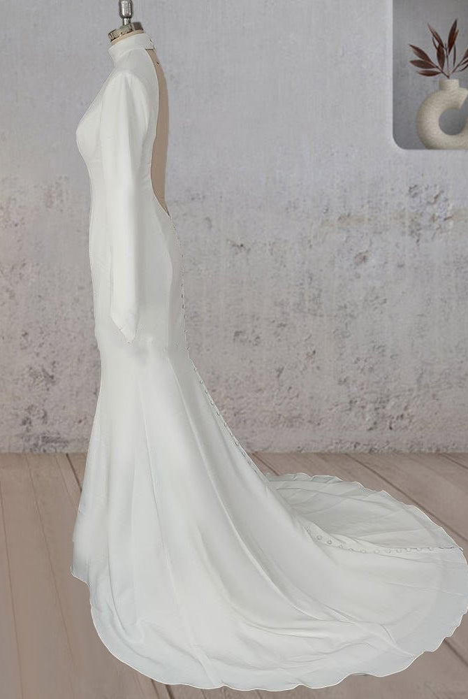 Mermaid White Open Back High Neck Wedding Dress