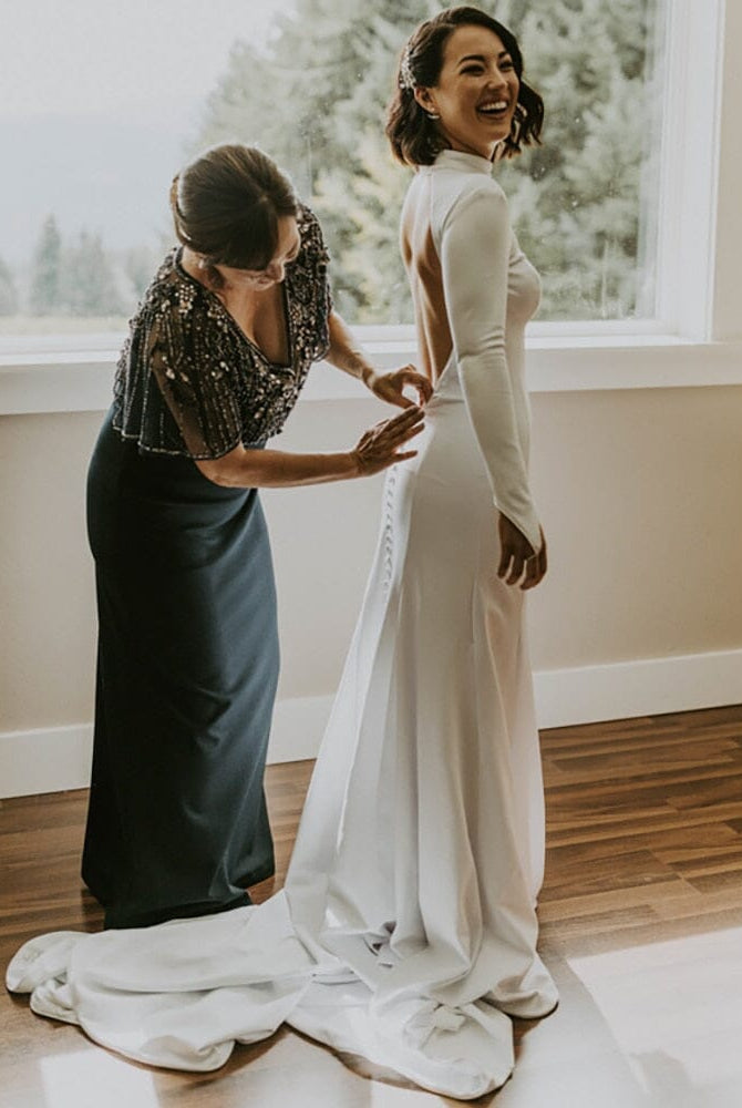 Mermaid White Open Back High Neck Wedding Dress