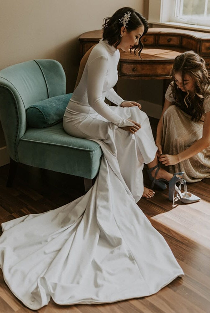 Mermaid White Open Back High Neck Wedding Dress