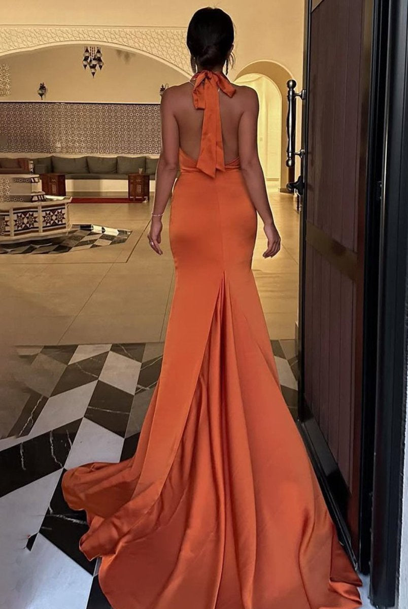 Merritt | Halter Sleeveless Satin Pleated Mermaid Prom Dress with Train - KissProm