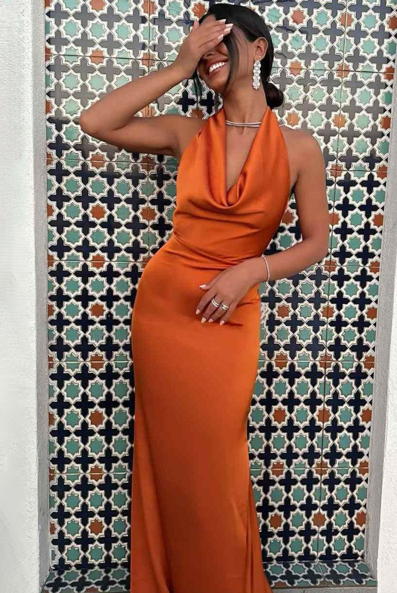 Merritt | Halter Sleeveless Satin Pleated Mermaid Prom Dress with Train - KissProm