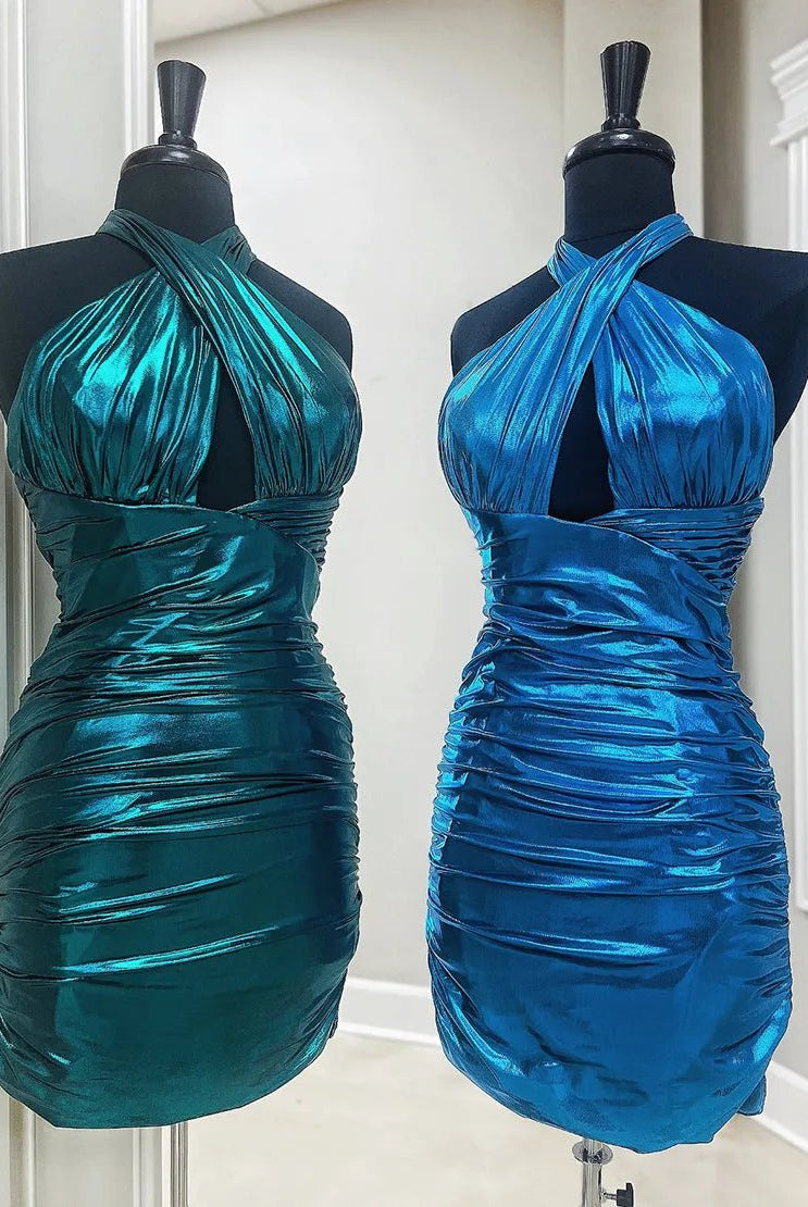 Metallic Emerald Green Halter Tight Satin Homecoming Dress - KissProm