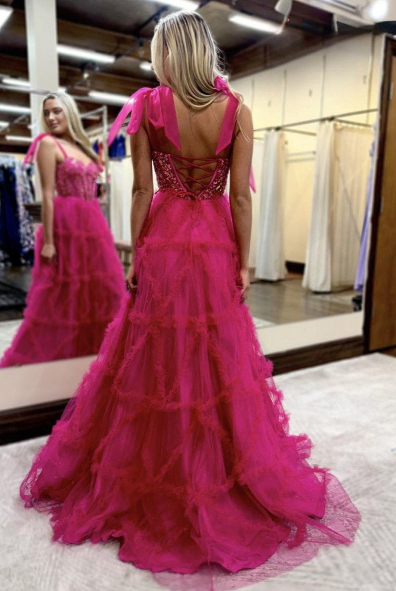 Michaella | Fuchsia A Line Sweetheart Tiered Tulle Long Prom Dresses - KissProm