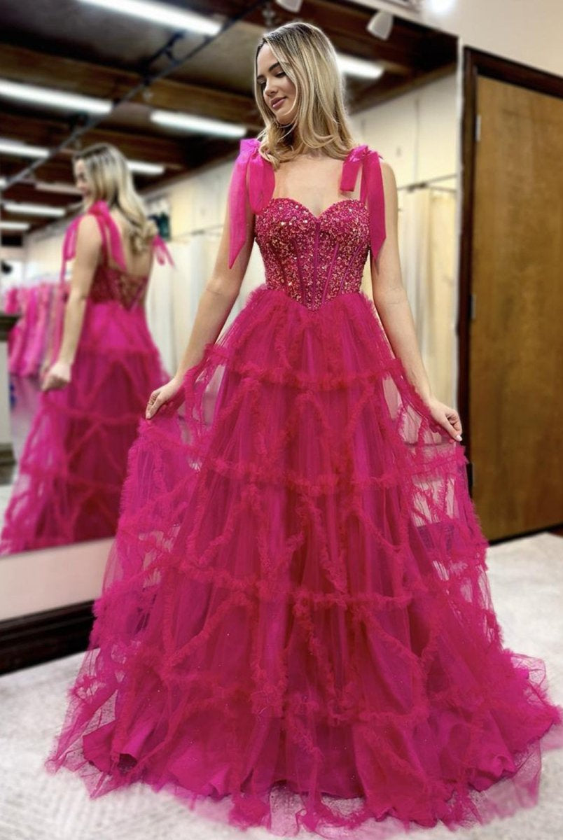 Michaella | Fuchsia A Line Sweetheart Tiered Tulle Long Prom Dresses - KissProm