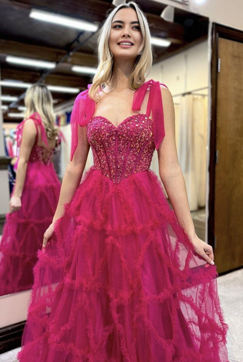 Michaella | Fuchsia A Line Sweetheart Tiered Tulle Long Prom Dresses - KissProm