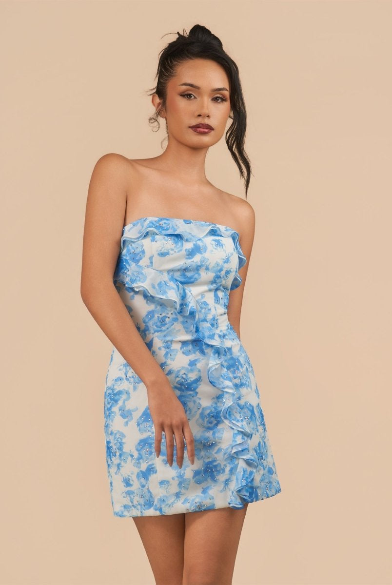 Midna | Blue - Sheath Strapless Floral Ruffles Short Homecoming Dresses
