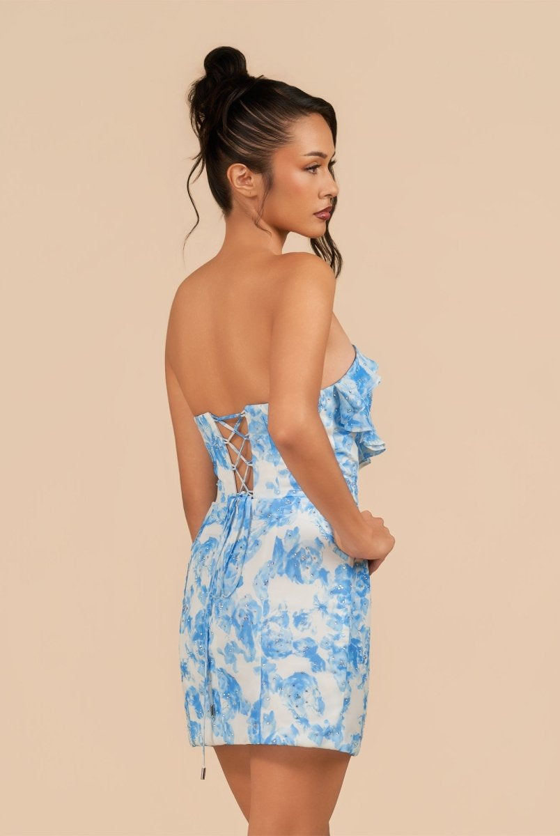 Midna | Blue - Sheath Strapless Floral Ruffles Short Homecoming Dresses