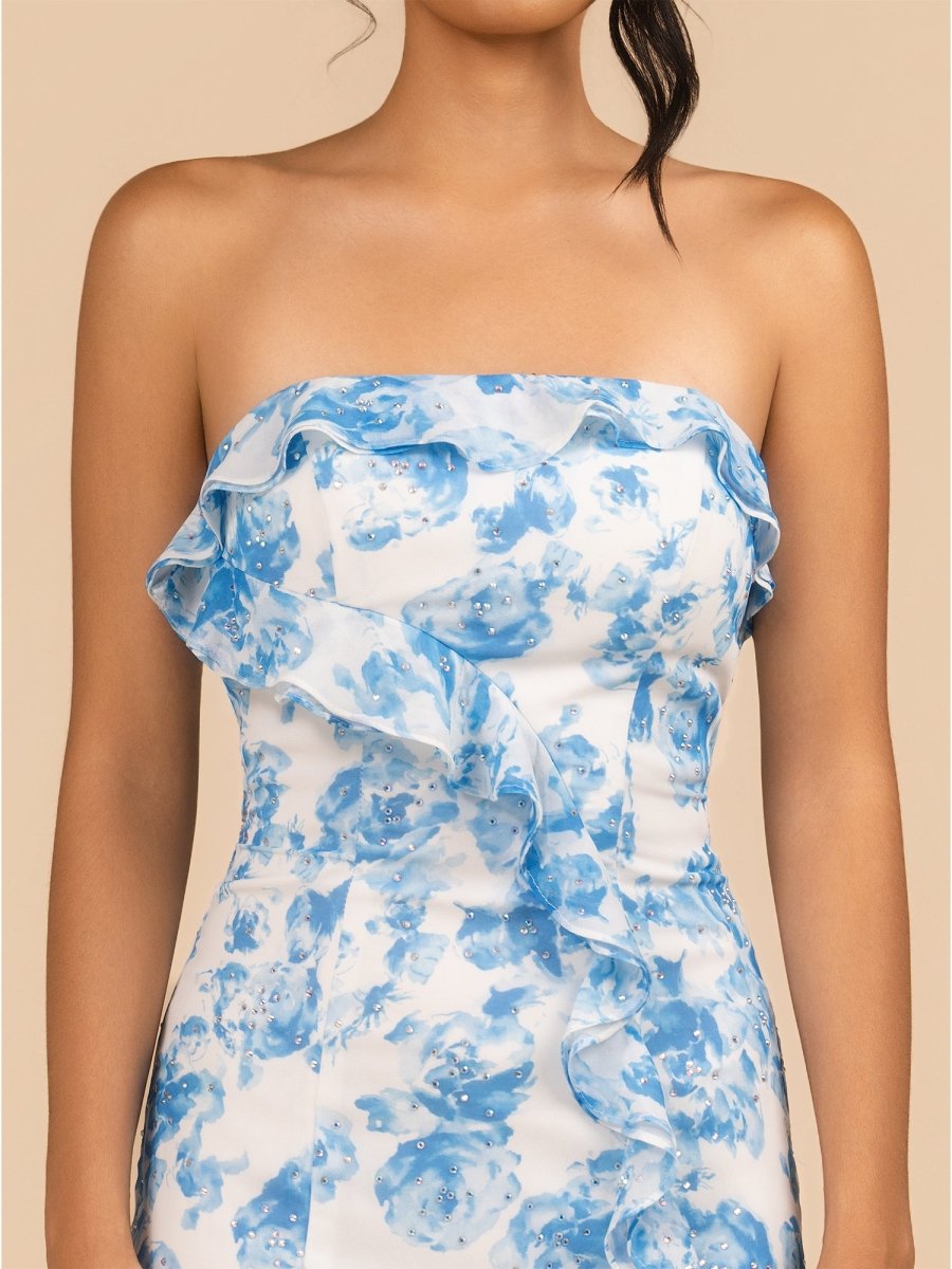 Midna | Blue - Sheath Strapless Floral Ruffles Short Homecoming Dresses