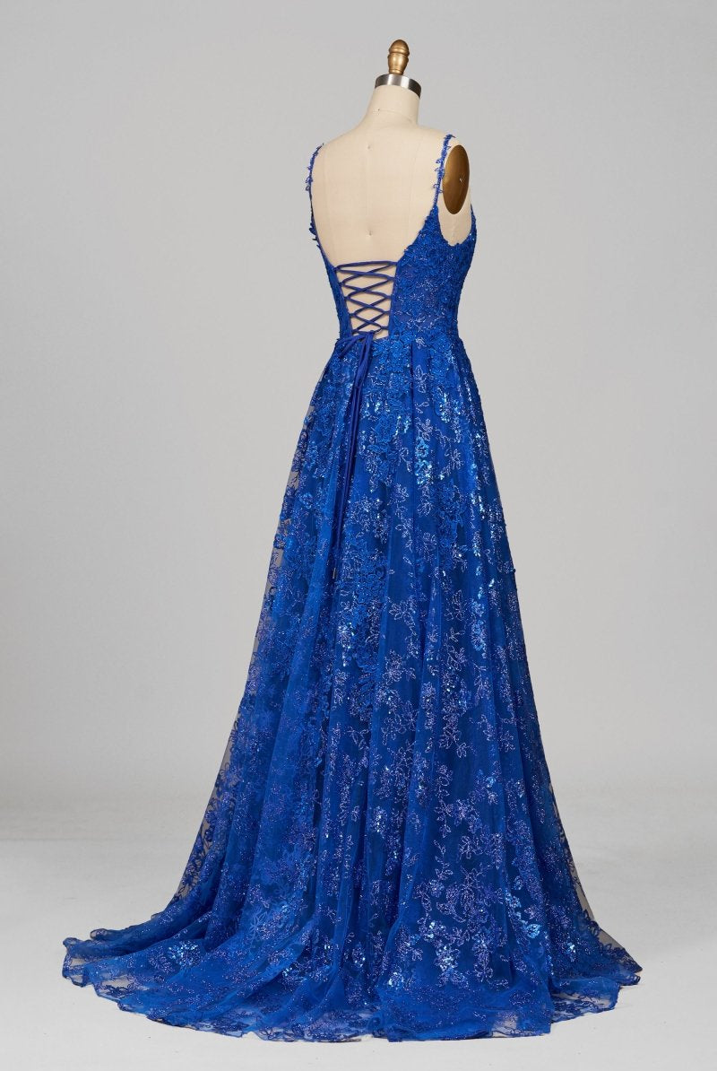 Mikaela | Royal Blue - A - Line Sequined Lace V Neck Long Prom Dresses - KissProm