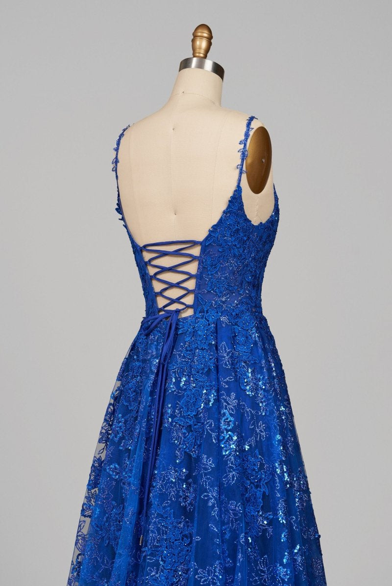 Mikaela | Royal Blue - A - Line Sequined Lace V Neck Long Prom Dresses - KissProm