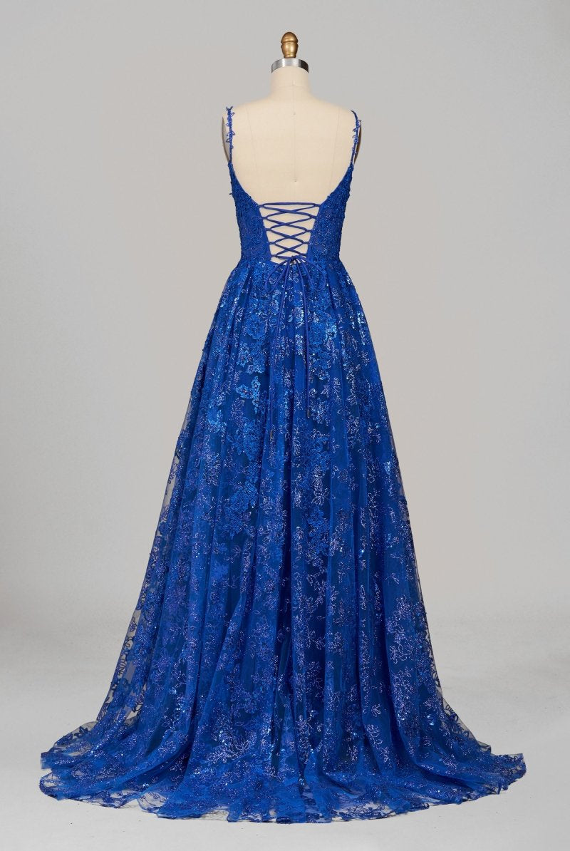 Mikaela | Royal Blue - A - Line Sequined Lace V Neck Long Prom Dresses - KissProm