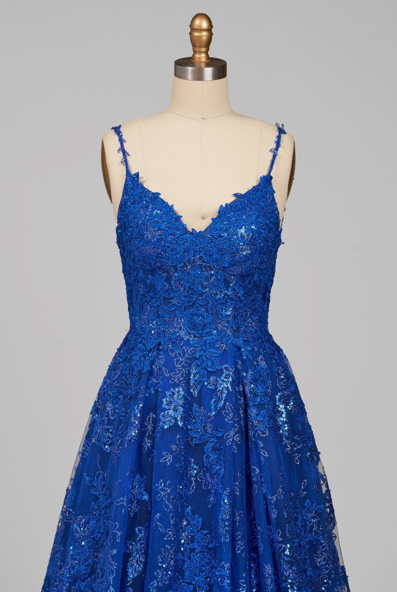Mikaela | Royal Blue - A - Line Sequined Lace V Neck Long Prom Dresses - KissProm