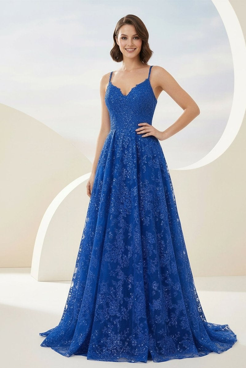 Mikaela | Royal Blue - A - Line Sequined Lace V Neck Long Prom Dresses - KissProm