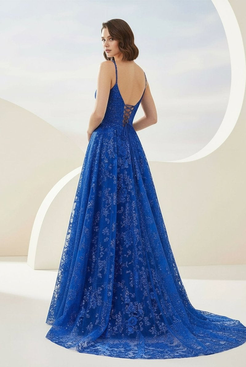 Mikaela | Royal Blue - A - Line Sequined Lace V Neck Long Prom Dresses - KissProm