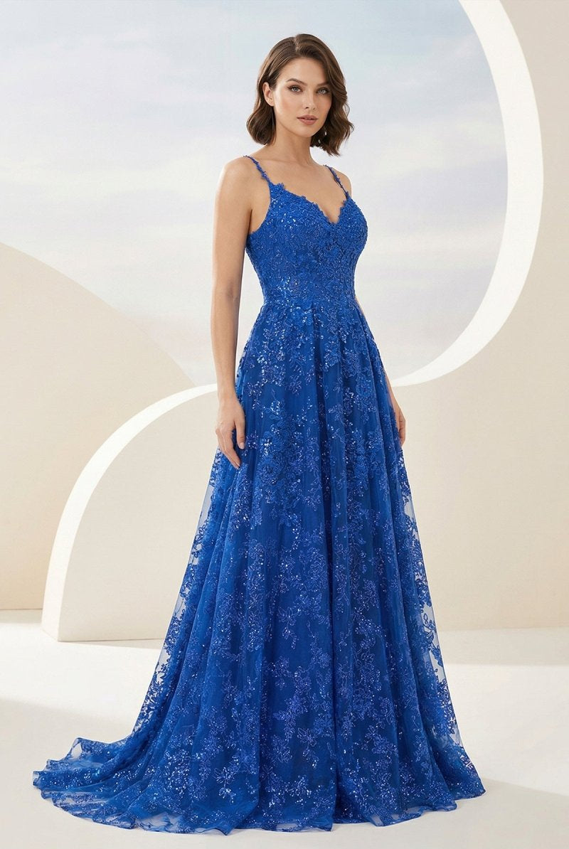 Mikaela | Royal Blue - A - Line Sequined Lace V Neck Long Prom Dresses - KissProm