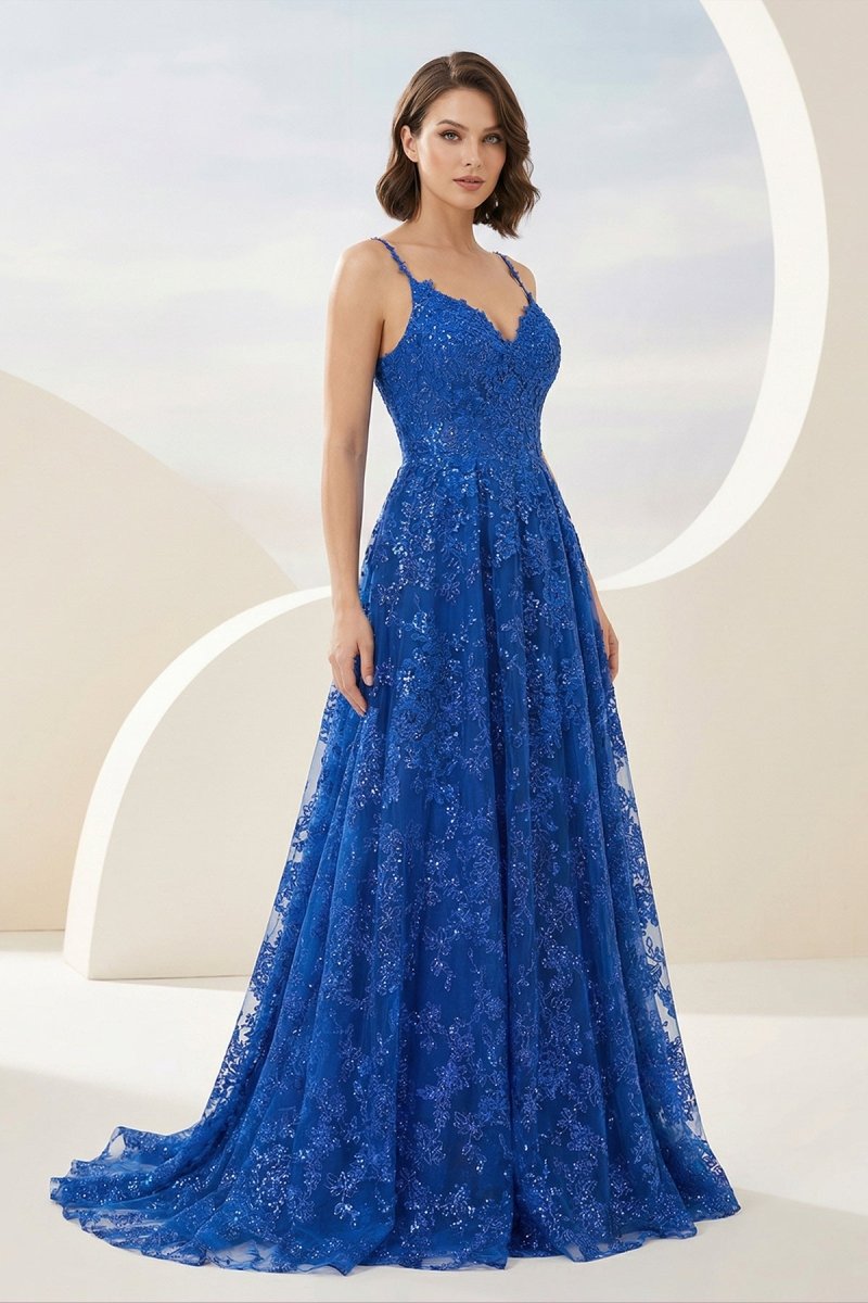 Mikaela | Royal Blue - A - Line Sequined Lace V Neck Long Prom Dresses - KissProm