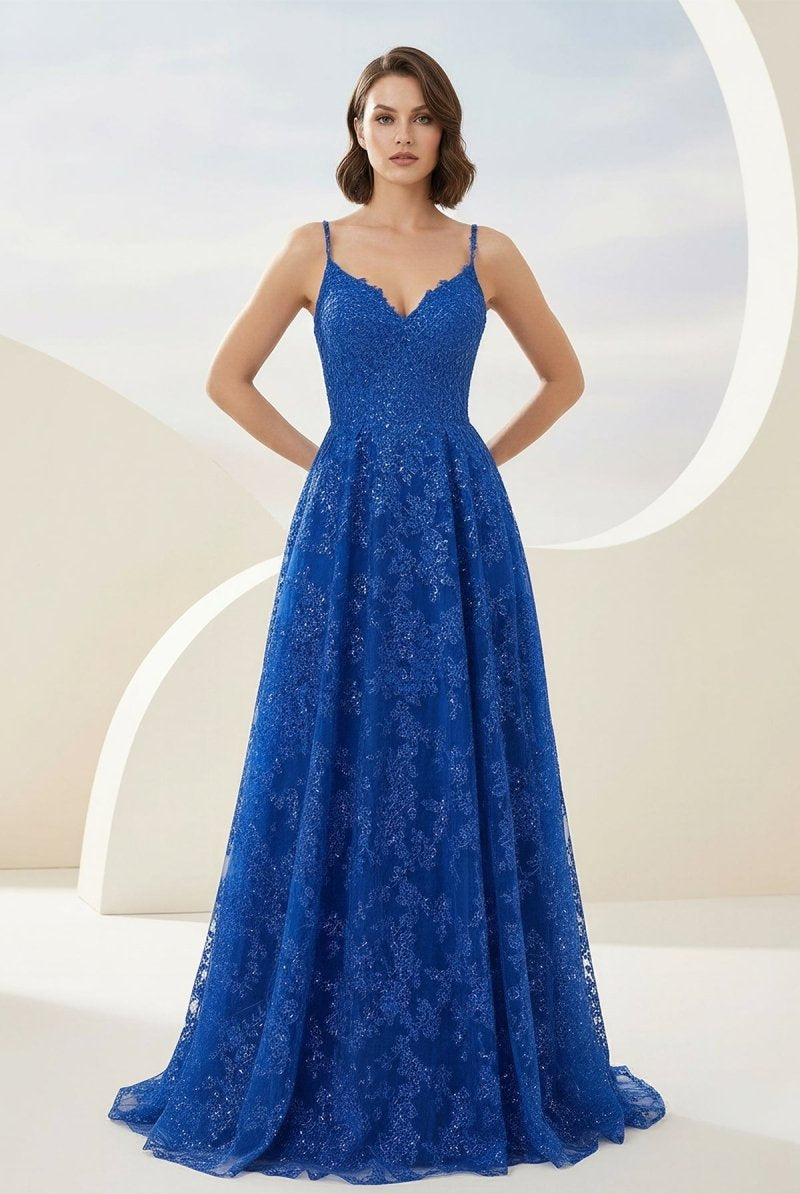 Mikaela | Royal Blue - A - Line Sequined Lace V Neck Long Prom Dresses - KissProm