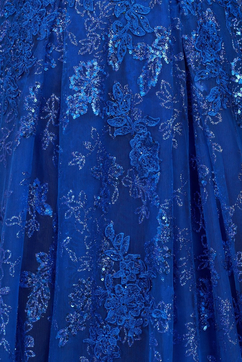 Mikaela | Royal Blue - A - Line Sequined Lace V Neck Long Prom Dresses - KissProm