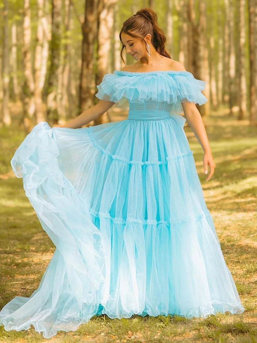 Mikelle | Ruffles Off the Shoulder Corset A - line Long Formal Dress - KissProm