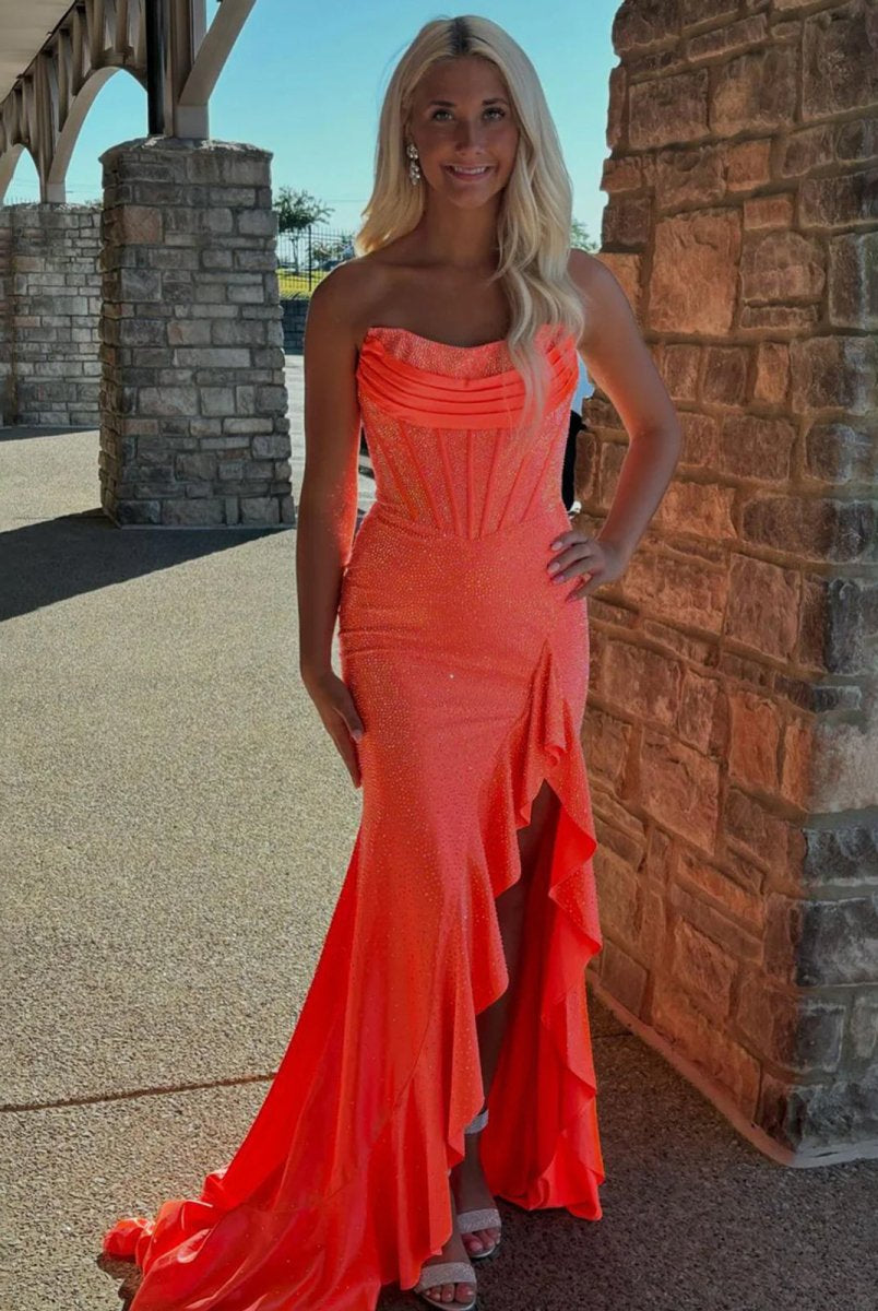 Miles | Mermaid Strapless Asymmetrical Beaded Long Prom Dress with Slit