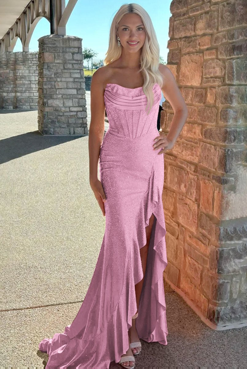 Miles | Mermaid Strapless Asymmetrical Beaded Long Prom Dress with Slit