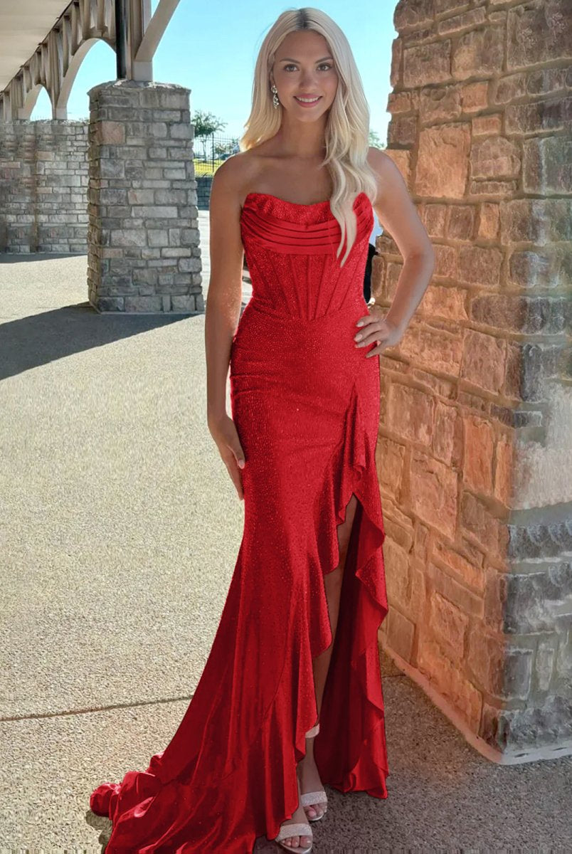 Miles | Mermaid Strapless Asymmetrical Beaded Long Prom Dress with Slit