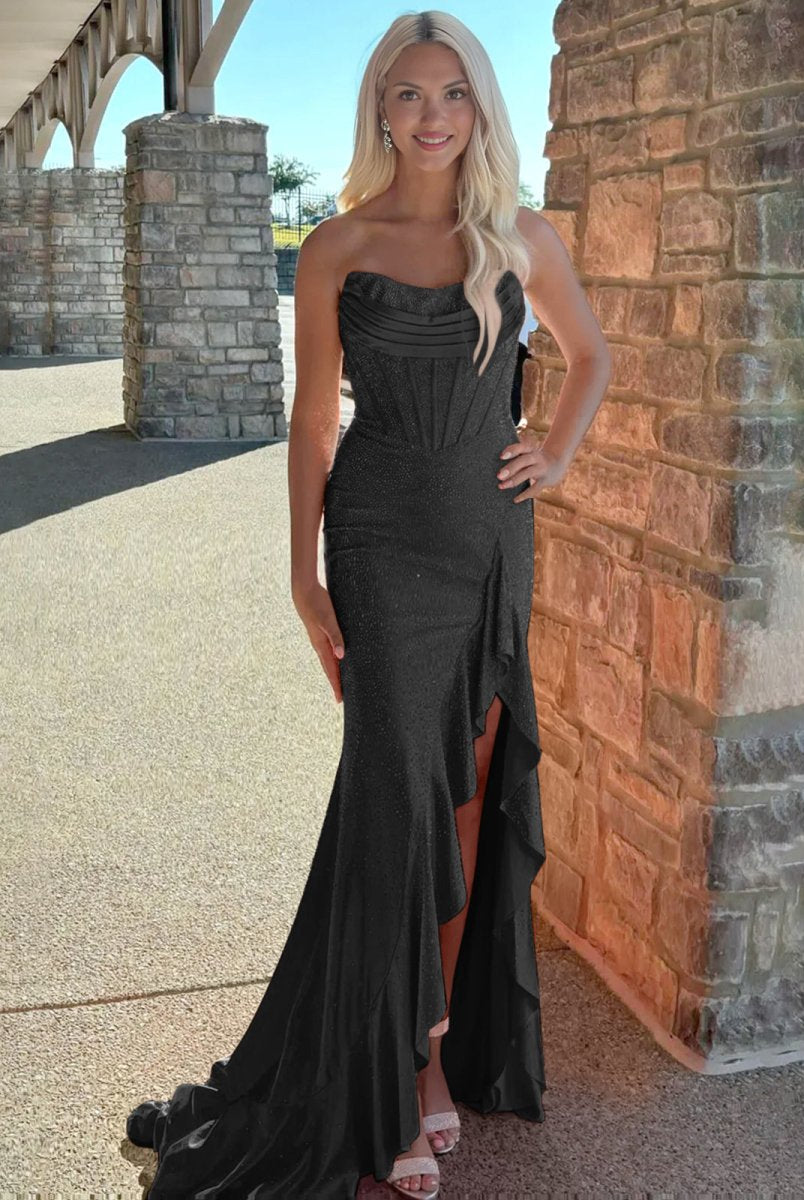 Miles | Mermaid Strapless Asymmetrical Beaded Long Prom Dress with Slit