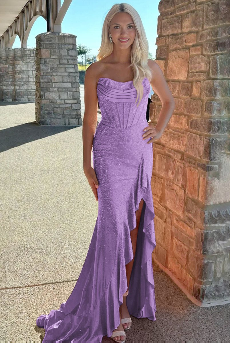 Miles | Mermaid Strapless Asymmetrical Beaded Long Prom Dress with Slit