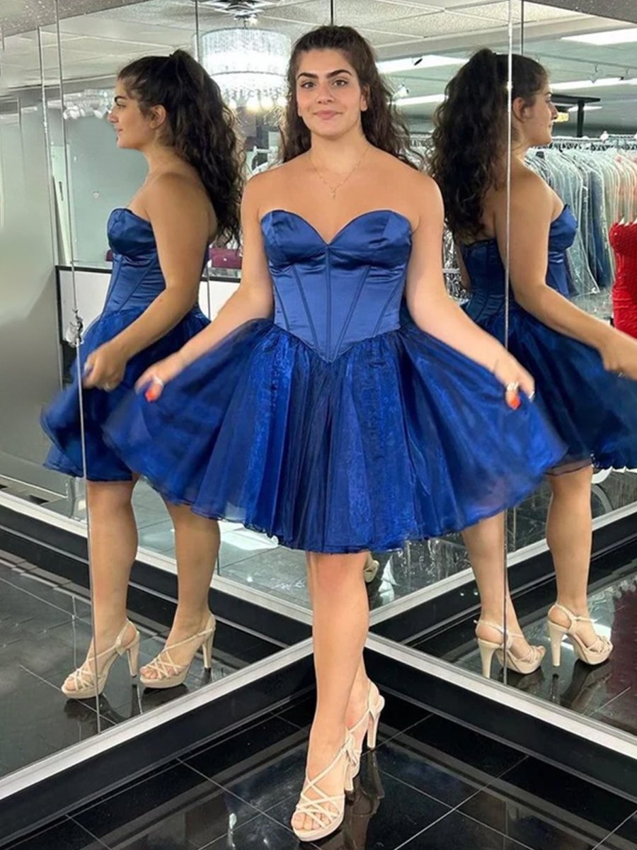 Mili Navy Blue Aline Sweetheart Satin Short Dresses