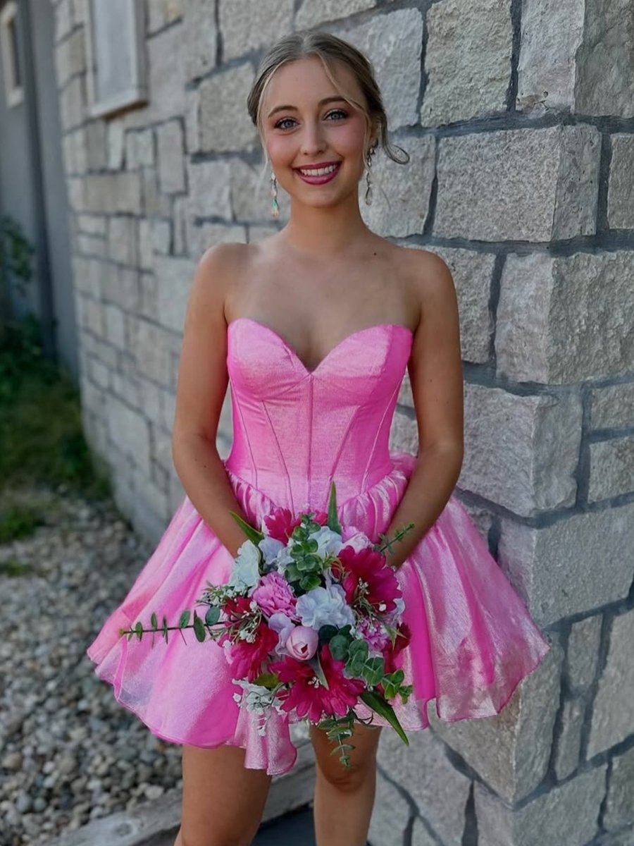 Pink A Line Long Sleeve Chiffon Satin Short Homecoming Dress Outfits