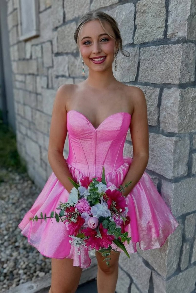 Mili | Pink - A-line Sweetheart Satin Short Homecoming Dresses