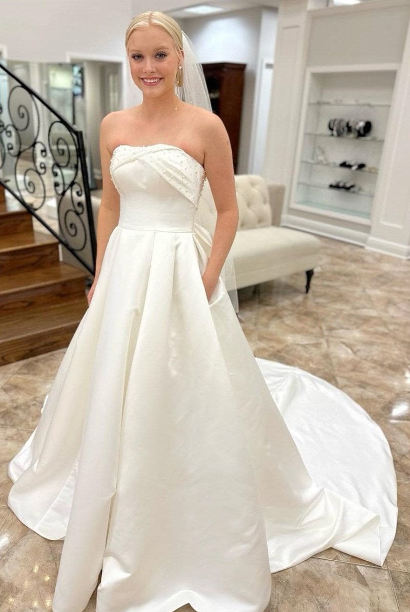 White Strapless Bow-Back Pearls A-Line Wedding Dress