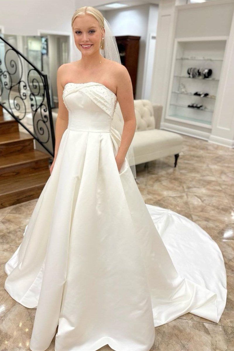 White Strapless Bow-Back Pearls A-Line Wedding Dress, Champagne / 8 / Satin White Strapless Bow-Back Pearls A-Line Wedding Dress, Champagne / 8 / Satin