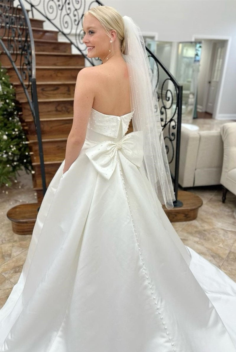 White Strapless Bow-Back Pearls A-Line Wedding Dress