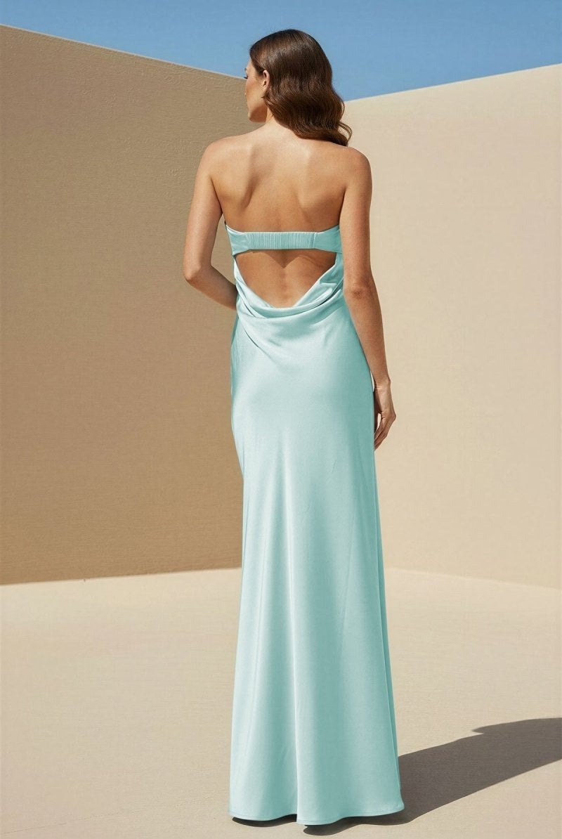 Minara | Sky Blue - Strapless Sheath Satin Pleated Open Back Long Prom Dresses - KissProm