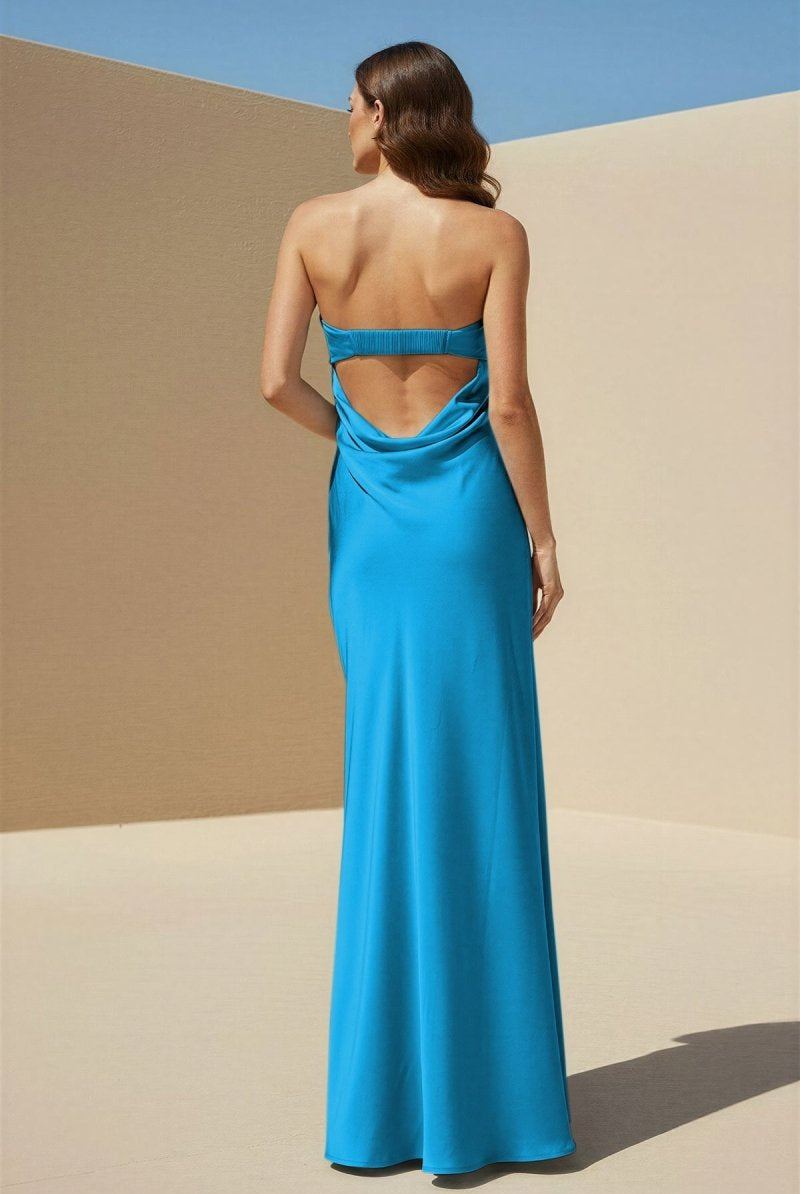 Minara | Sky Blue - Strapless Sheath Satin Pleated Open Back Long Prom Dresses - KissProm
