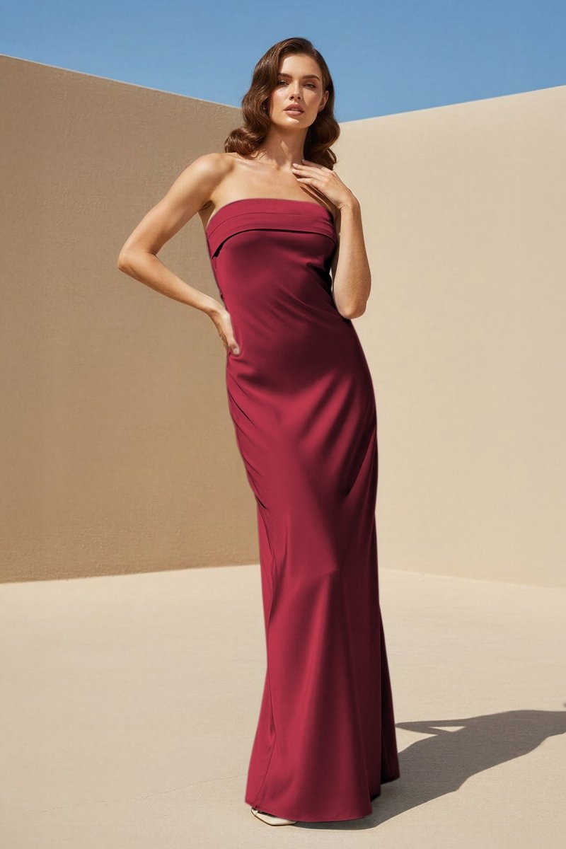 Minara | Sky Blue - Strapless Sheath Satin Pleated Open Back Long Prom Dresses - KissProm