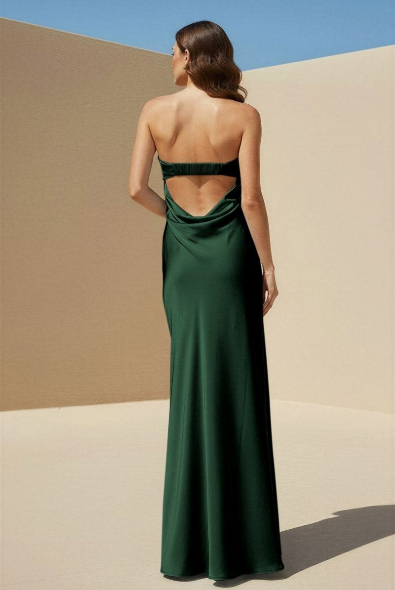 Minara | Sky Blue - Strapless Sheath Satin Pleated Open Back Long Prom Dresses - KissProm