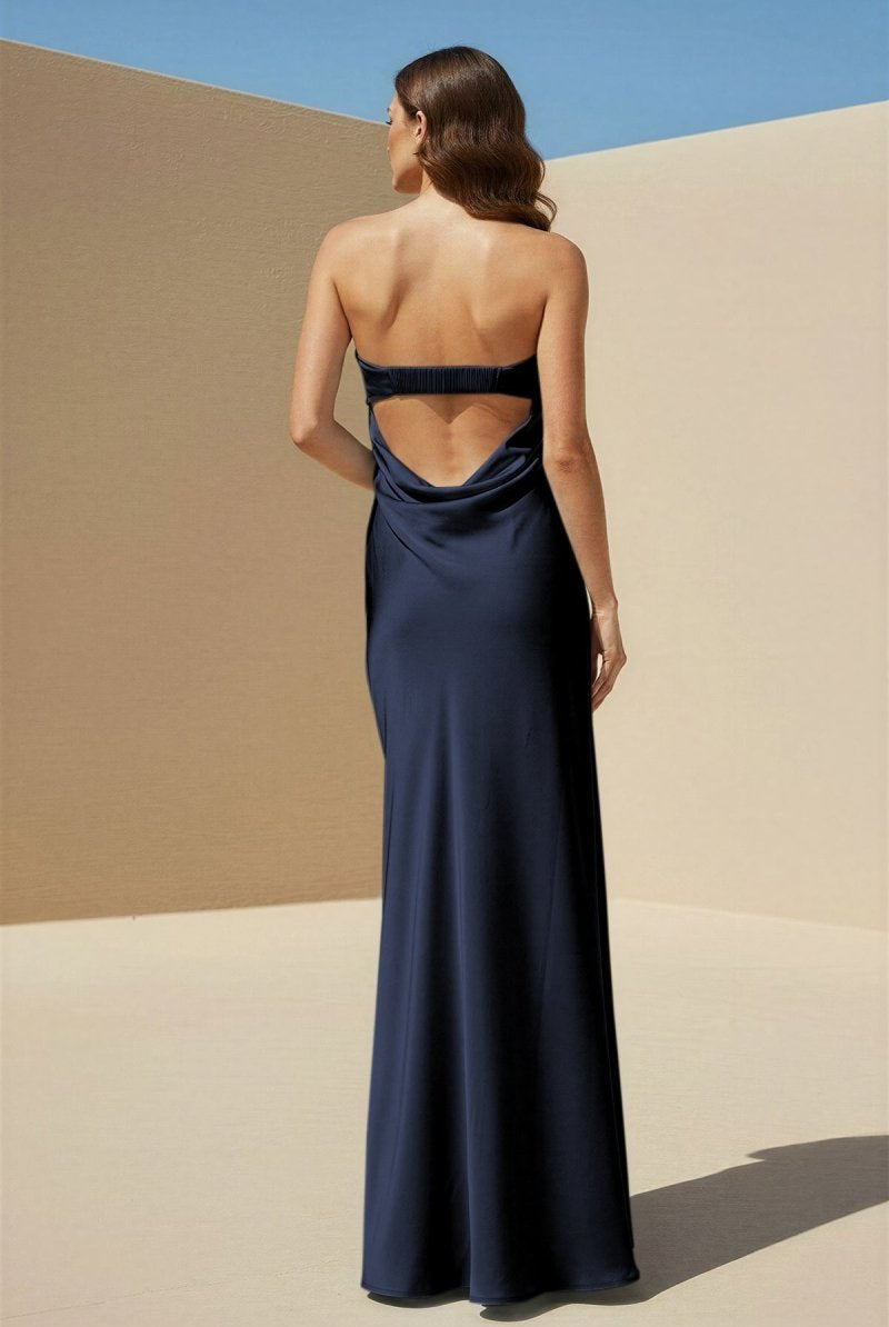 Minara | Sky Blue - Strapless Sheath Satin Pleated Open Back Long Prom Dresses - KissProm