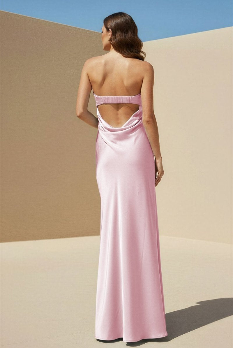 Minara | Sky Blue - Strapless Sheath Satin Pleated Open Back Long Prom Dresses - KissProm